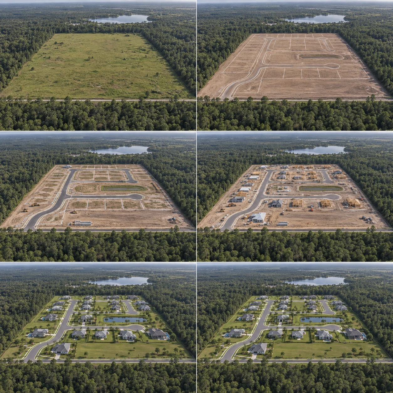 Five illustrative stages of the same Florida land development, from raw land to completed community. Stage 1: Acquire.